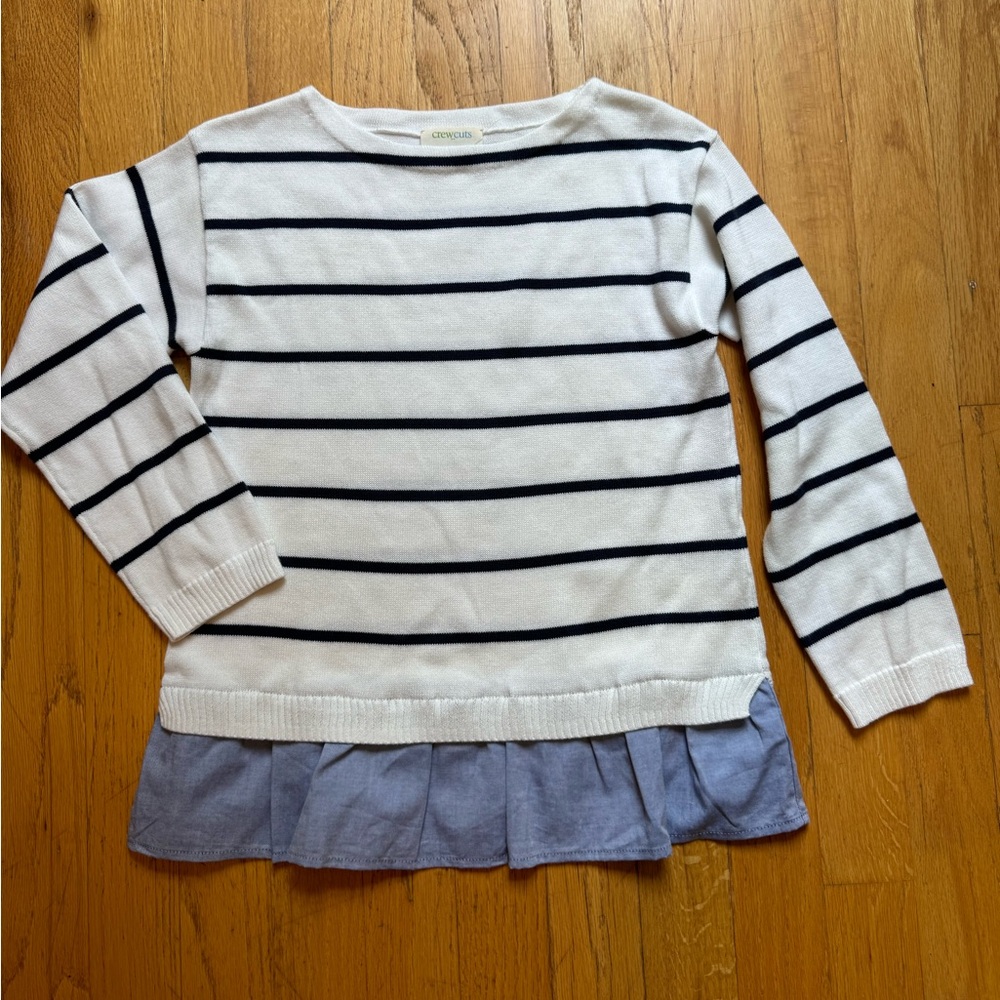 Crewcuts girls sz 8 cotton sweater, navy/white stripe with lt blue ruffle NWOT